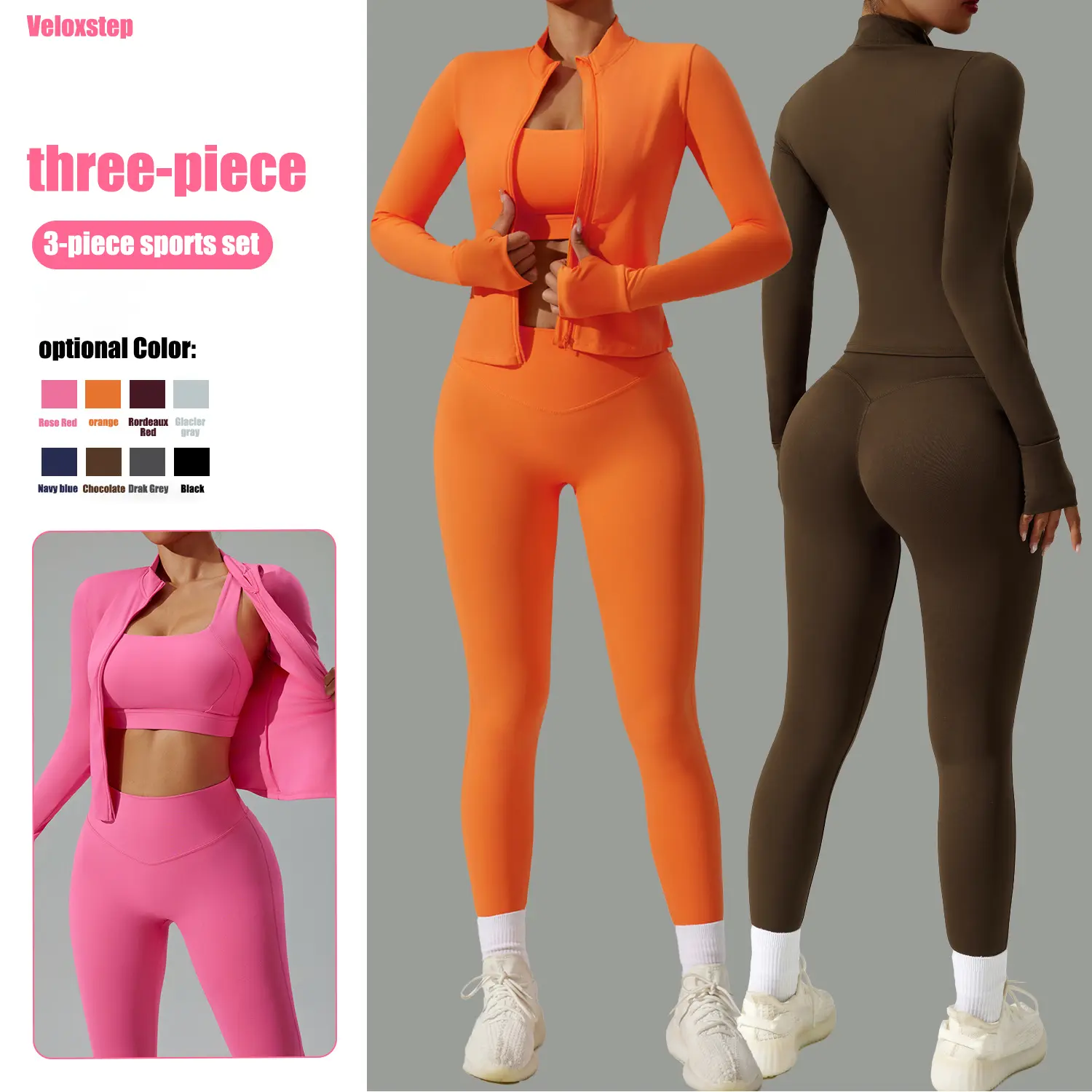 Women's 3-piece Tight Fitting Sportswear Set Quick Drying Fitness Suit with Cardigan for Running in Orange Pink & Brown,Gift Training Clothes Workout Gym Clothing