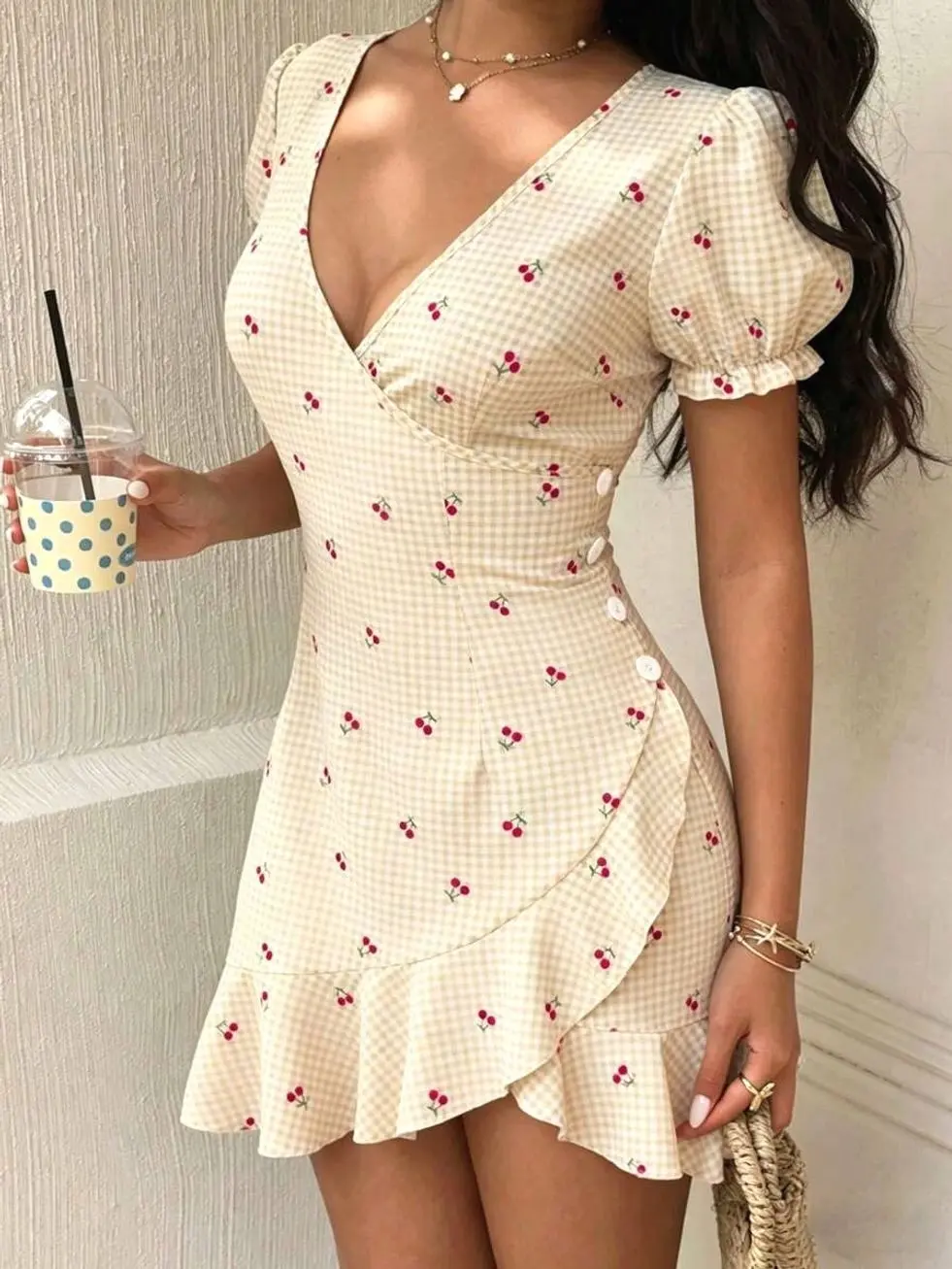 Cherry Print V-Neck Mini Dress, Women's Ruffle Hem Casual Summer Sundress for Beach Party