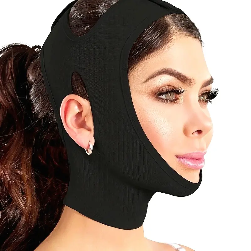1pc Black V-Face Lifting Bandage with Double Chin Reduction Mask - Breathable Comfort Fit Facial Toning Strap for Nasolabial Folds, Face Slimming & Jawline Contouring, Nighttime Use