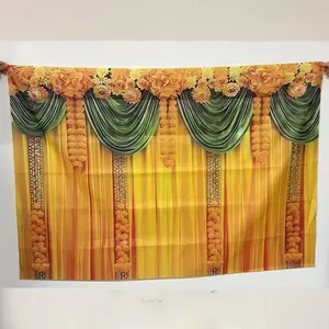 Indian Wedding Party Backdrop, Wedding Arched Backdrop, Wedding Reception Backdrop, 1 Count Traditional Indian Calendula & Chrysanthemum Polyester Background Banner, Party Decorations Banners, Wall Decoration for Home Party Wedding, Ornaments