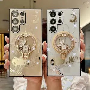 Rhinestone Decorated Magnetic Rotating Stand Phone Case, 1 Count Shockproof Protective Case, Phone Accessories Compatible with Samsung Galaxy S24 S23 S22 Plus Ultra