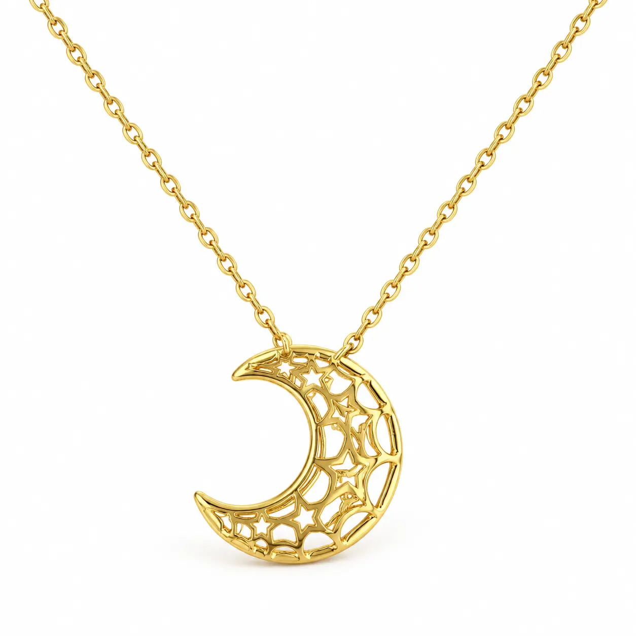 Women's Gold Crescent Moon and Star Necklace - Hollow Pendant Celestial Chain Necklaces, 41-50 cm Adjustable Length Dreamy Celestial Jewelry Gift, Collarbone Chain, Crescent Moon And Star Necklaces