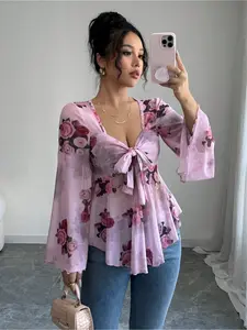 A new Korean version of fashion temperament Womenswear Lady V-neck one-button solid color Floral long-sleeved small suit jacket Blouses