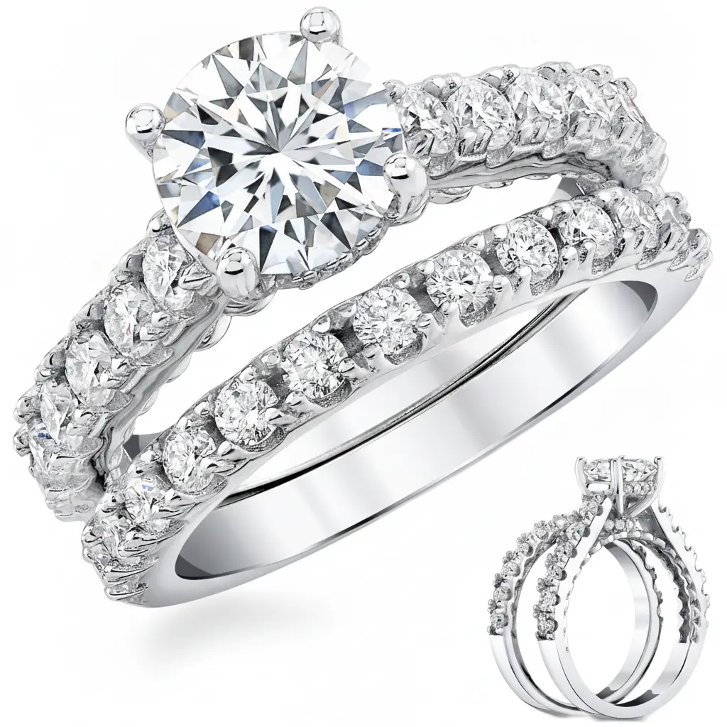 3.3Ct Round Moissanite Cathedral Style Wedding Ring Under Halo Bridal Set 18K White Gold over Silver