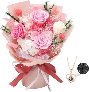 Preserved Flowers for Delivery, Pink Flower Bouquets with Necklace, Forever Real Roses Anniversary Birthday Gifts for Women Mom Wife Girlfriend, Fresh Flowers for Valentines Day Christmas