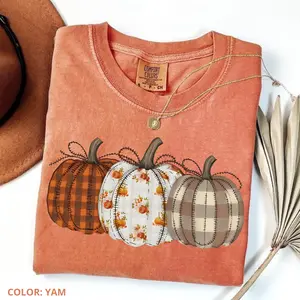 Comfort Colors Preppy Floral Pumpkin T-Shirt, Cute Fall Harvest Tee, Stitched Pumpkin Graphic Shirt, Autumn Outfit, Halloween Gift for Women