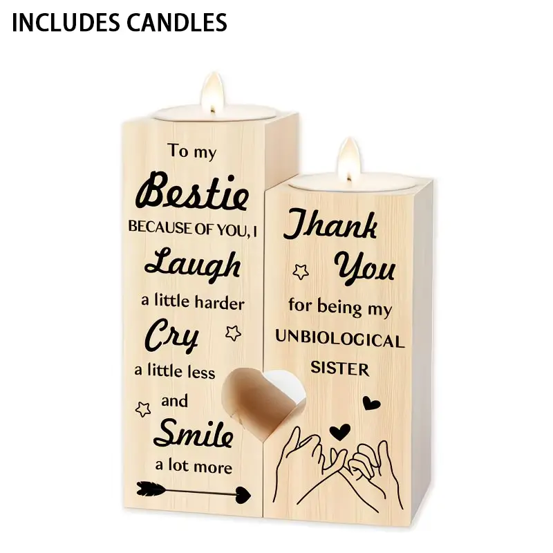 2-Piece Heart Wooden Candle Holder Gift for Best Friend, UnbiologicalSister Candle Decor Plaque Birthday Friendship Gift