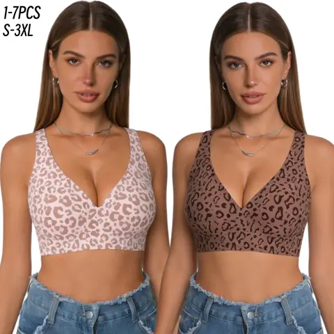 1/2/3/4/5/6PCS Women's Wireless Leopard Print Jelly Bra , No Underwire, Push Up, Seamless T Shirt Bra, Minimizer, Adjustable Straps, Minimalist Soft Smooth Fabric, S 3XL Everyday Underwear