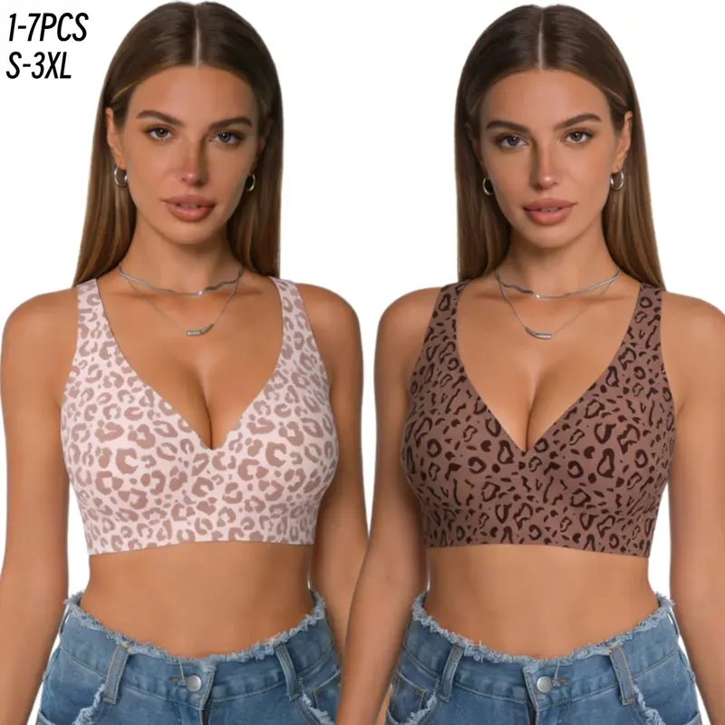 1/2/3/4/5/6PCS Women's Wireless Leopard Print Jelly Bra , No Underwire, Push Up, Seamless T Shirt Bra, Minimizer, Adjustable Straps, Minimalist Soft Smooth Fabric, S 3XL Everyday Underwear