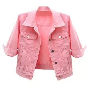 Spring and summer Korean style slim color mid-sleeve denim jacket women's short three-quarter sleeve jacket waistcoat small shawl top