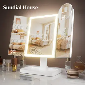 Trifold LED Makeup Mirror with Adjustable Brightness, Rechargeable USB, 2X 3X 10X Magnification, Touch Sensor Control + Portable, Perfect Gift for Her or Travel Vanity