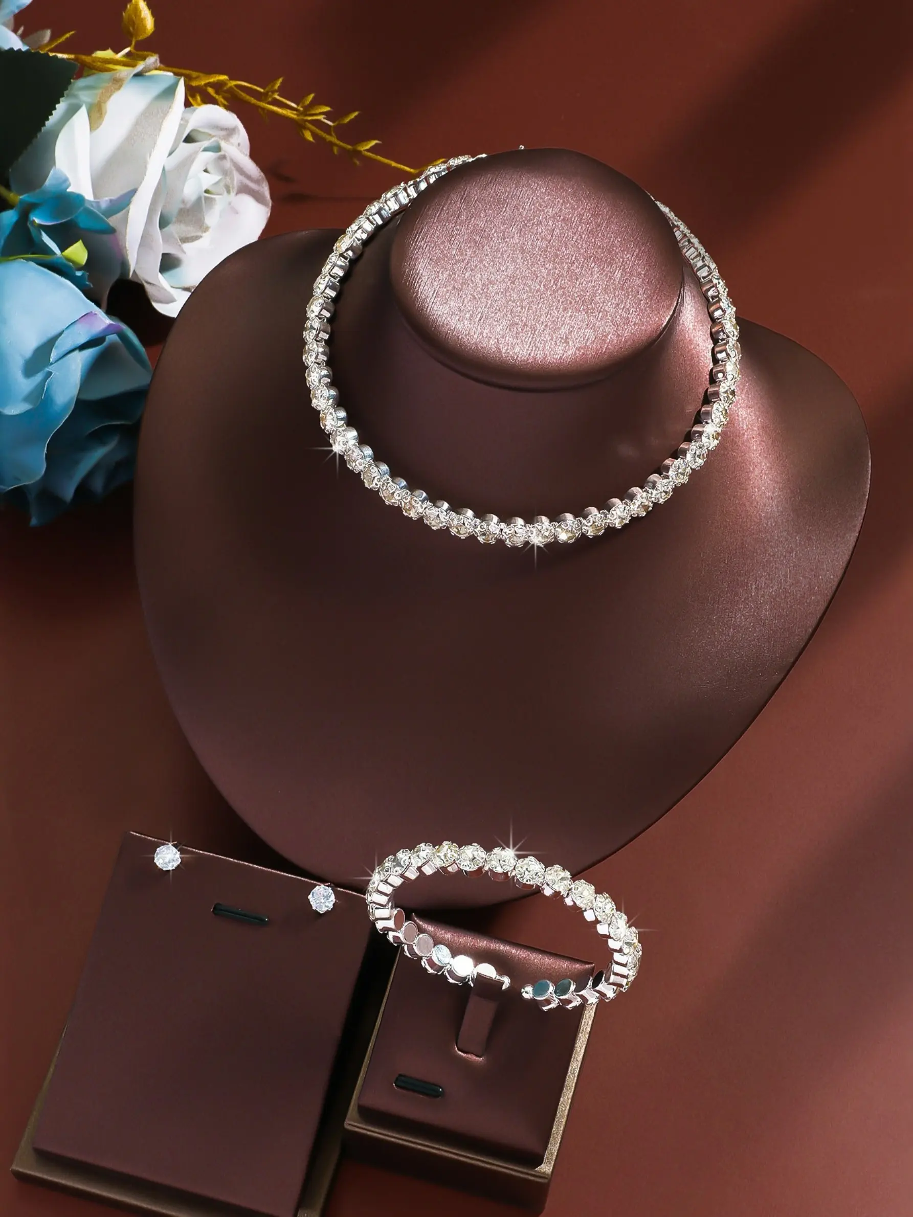 Single Row Diamond Choker Necklace Bracelet Earrings Set, Adjustable Jewelry Set, Full Drill Wedding Accessories, Elegant Bridal Jewelry for Special Occasions, Bracelet Combination Set
