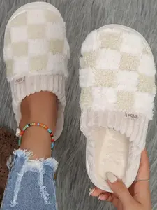 Checkered Plush House Slippers Soft Fuzzy Indoor Bedroom Shoes for Women Men