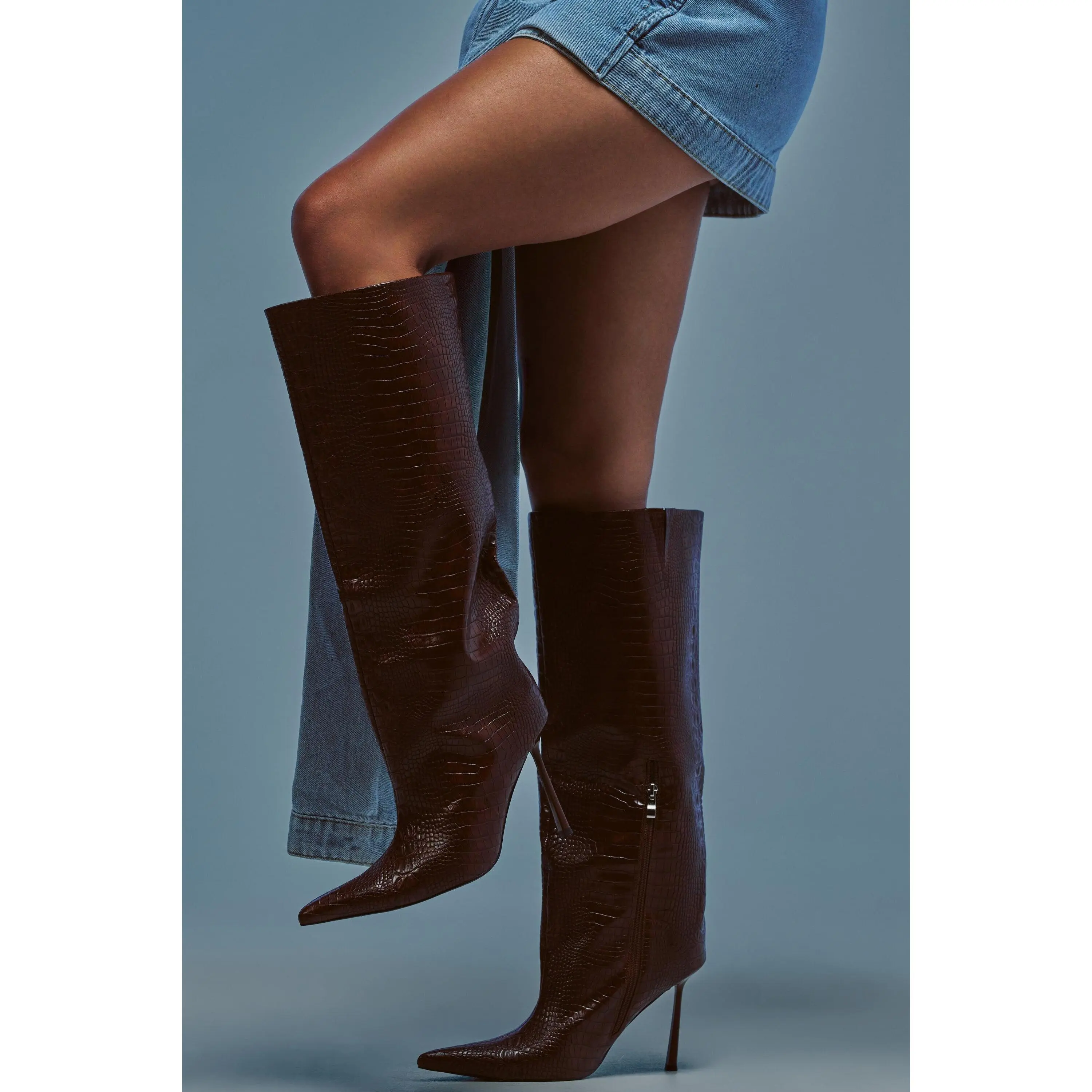 AZALEA WANG MADEYE BROWN CROC KNEE HIGH STILETTO BOOT