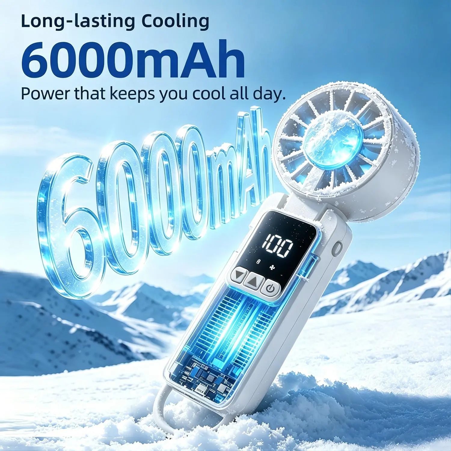 Mini Portable Cooling Fan, Turbo Handheld Design, 199 Adjustable Speeds, 6000mAh Rechargeable USB Type-C, Digital Battery Indicator, Press-and-Hold Speed Adjustment, White Elephant Gift for Travel Beach#PortableFan #HandheldFan
