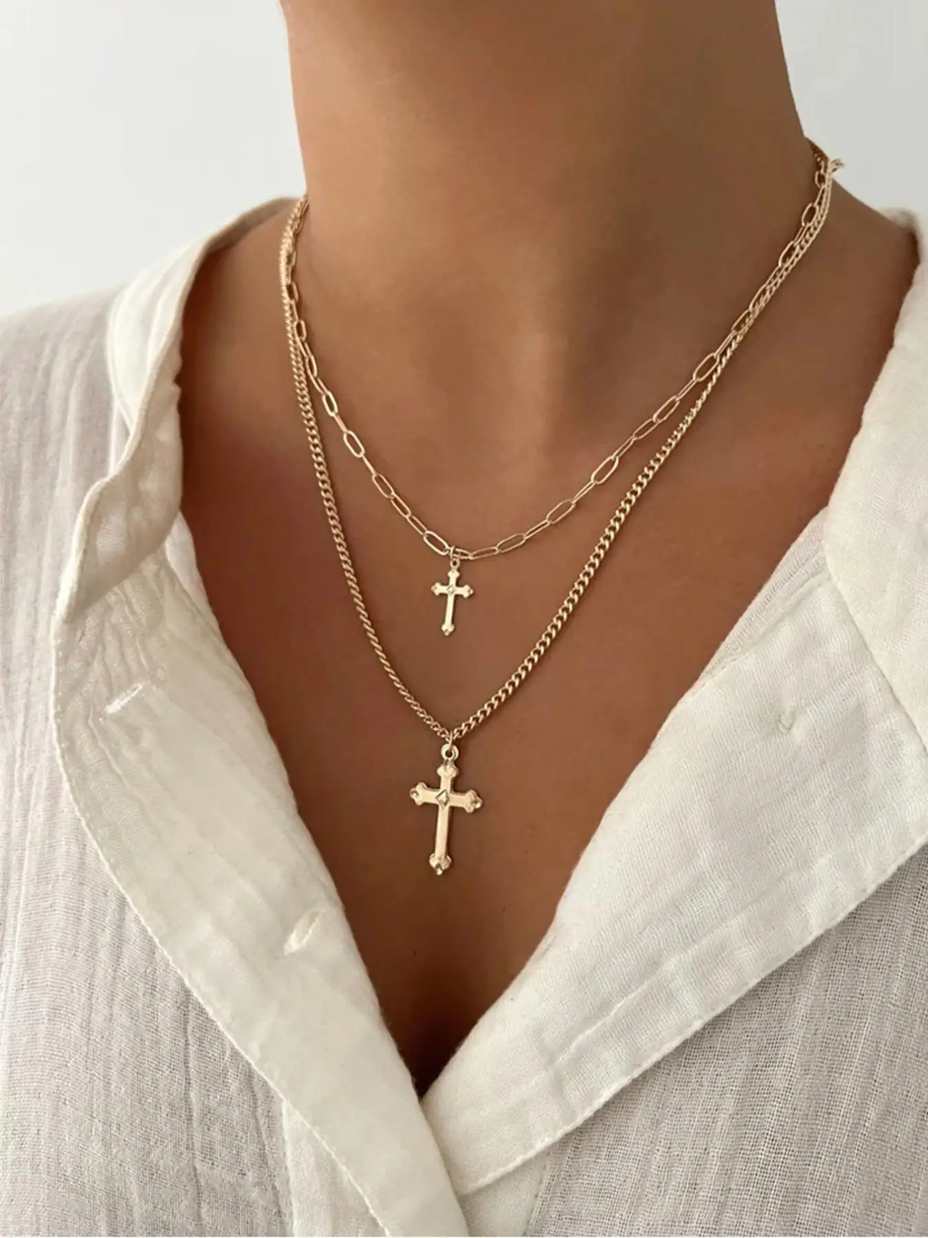 Vintage Cross Design Layered Necklace for Women & Girls, Trendy All-match Vintage Mexican Necklace for Birthday Gift, Fashion Jewelry for Party, Daily