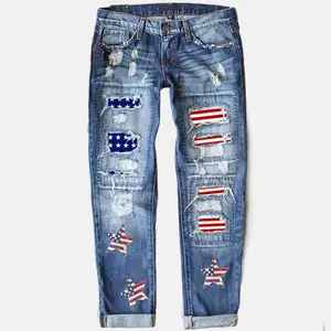Independence Day Theme | Women’s distressed jeans with USA flag patch, vintage rolled hem, 9/10 length casual pants