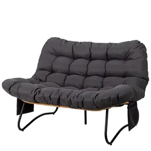 2-Seater Curved Wicker Loveseat with Beige Cushions and Side Magazine Pockets - Indoor Outdoor Patio Furniture Sofa Bench