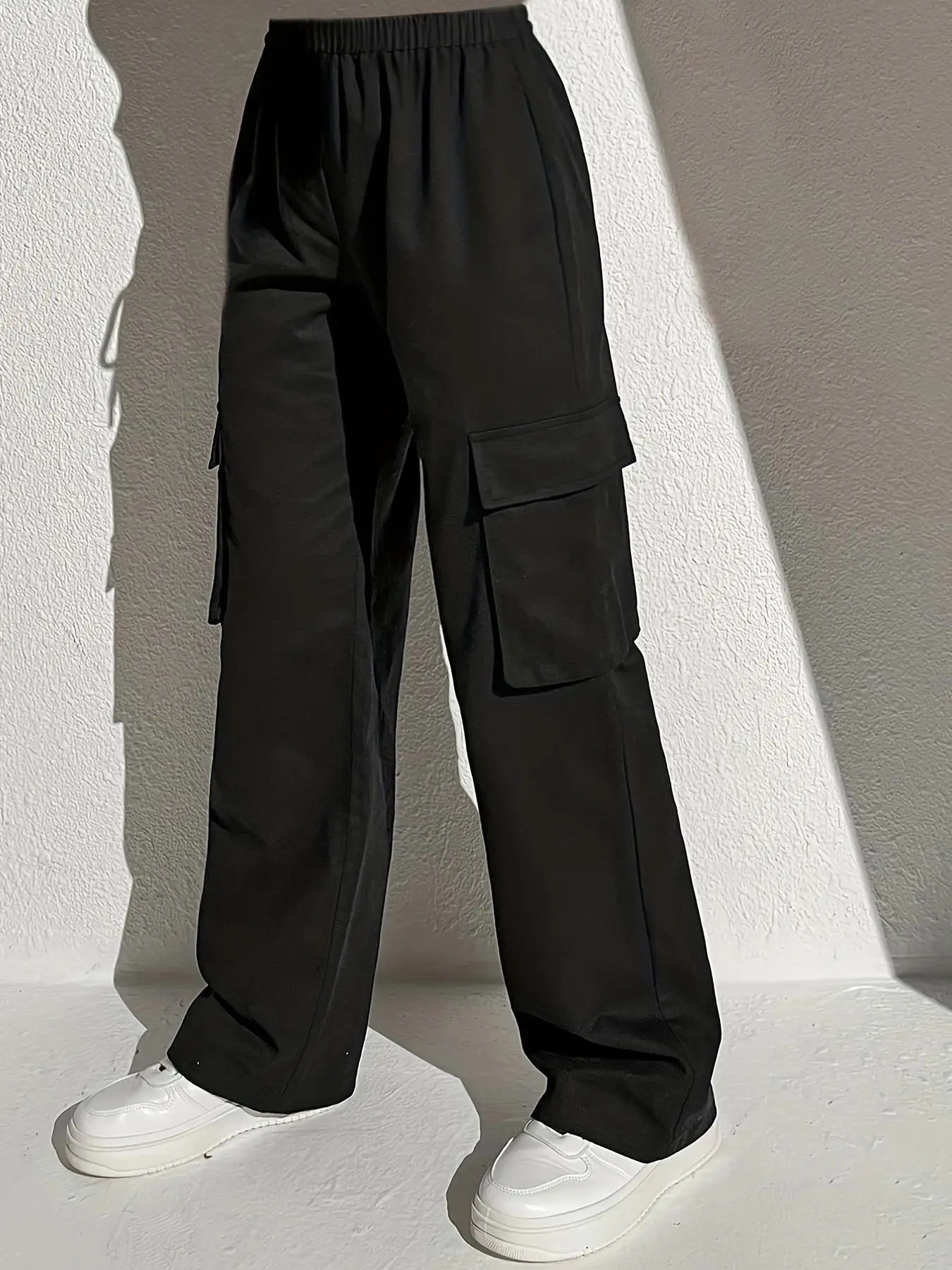 Girl's Solid Flap Pockets Cargo Pants, Casual Comfy Elastic Waist Straight Leg Trousers for Daily Wear, Kids Bottoms for Summer