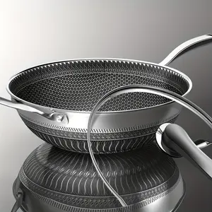 13.3Inch Stainless Steel Non-stick Wok With Lid And 2pcs Cookware Accessories, Honeycomb Design, Home Cooking Pan, Induction Cooker, Electric Ceramic Stove And Kitchenware