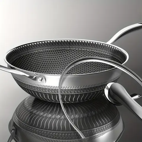 13.3in All Stainless Steel Anti-Adhesive Honeycomb Round Wok with Lid, 2 Cookware Accessories, Compatible with Home Induction & Electric Ceramic Stoves (Ideal for Simmering)