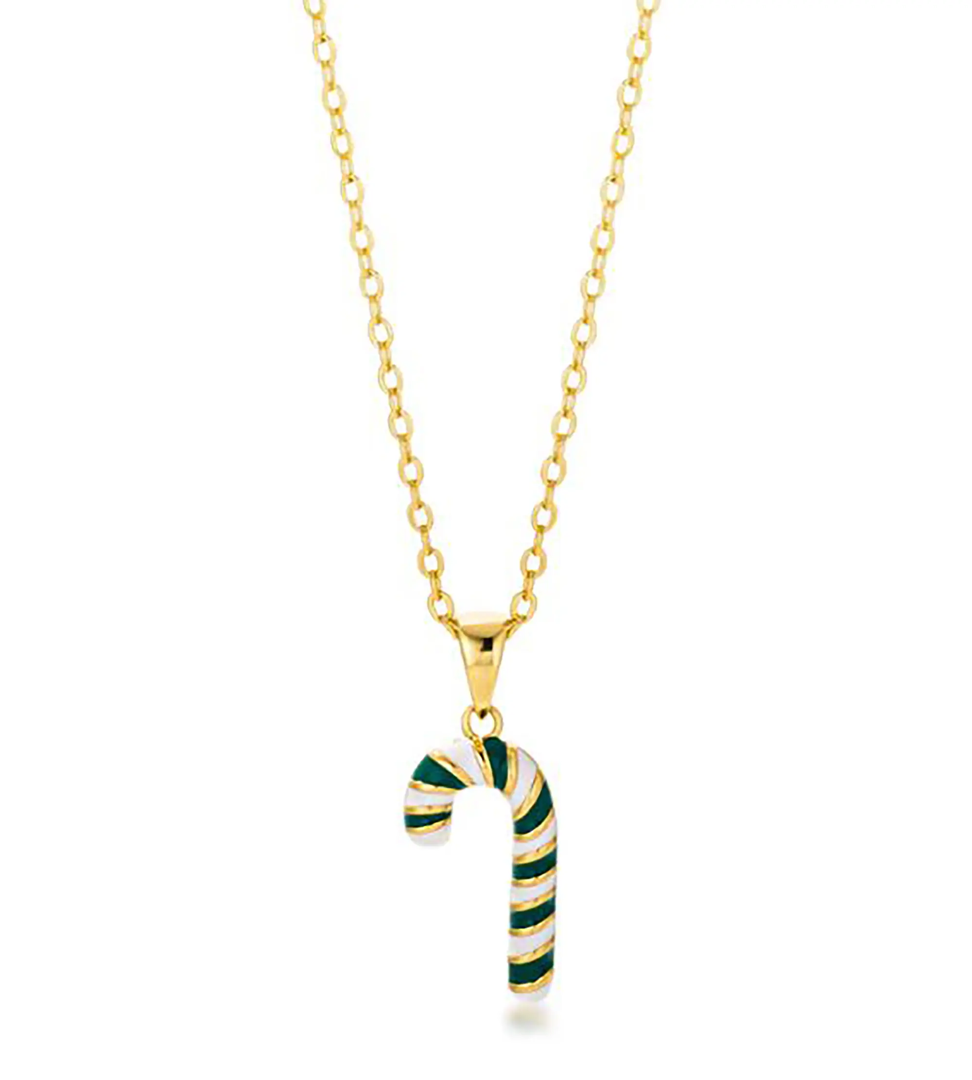 Ivy & Bauble Holiday Cheers Enamel Green Candy Cane Pendant Necklace in Yellow Gold Plating