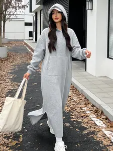 A set of women's casual light gray hooded sweatshirt dress, women's loose slit long sweatshirt dress, suitable for all seasons, suitable for home, indoor, outdoor wear