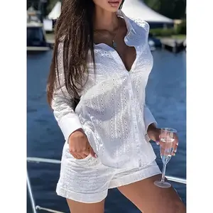 SpringCollaredSpandexWovenComfortSuitsforWomen-SheerLongSleeveShirtandSolidColorShorts,BreathablePolyesterBlend,FittedClothesWhiteCasualFabricCleanGirlOutfitsLoungeSets2piecesetswomentwopieceset