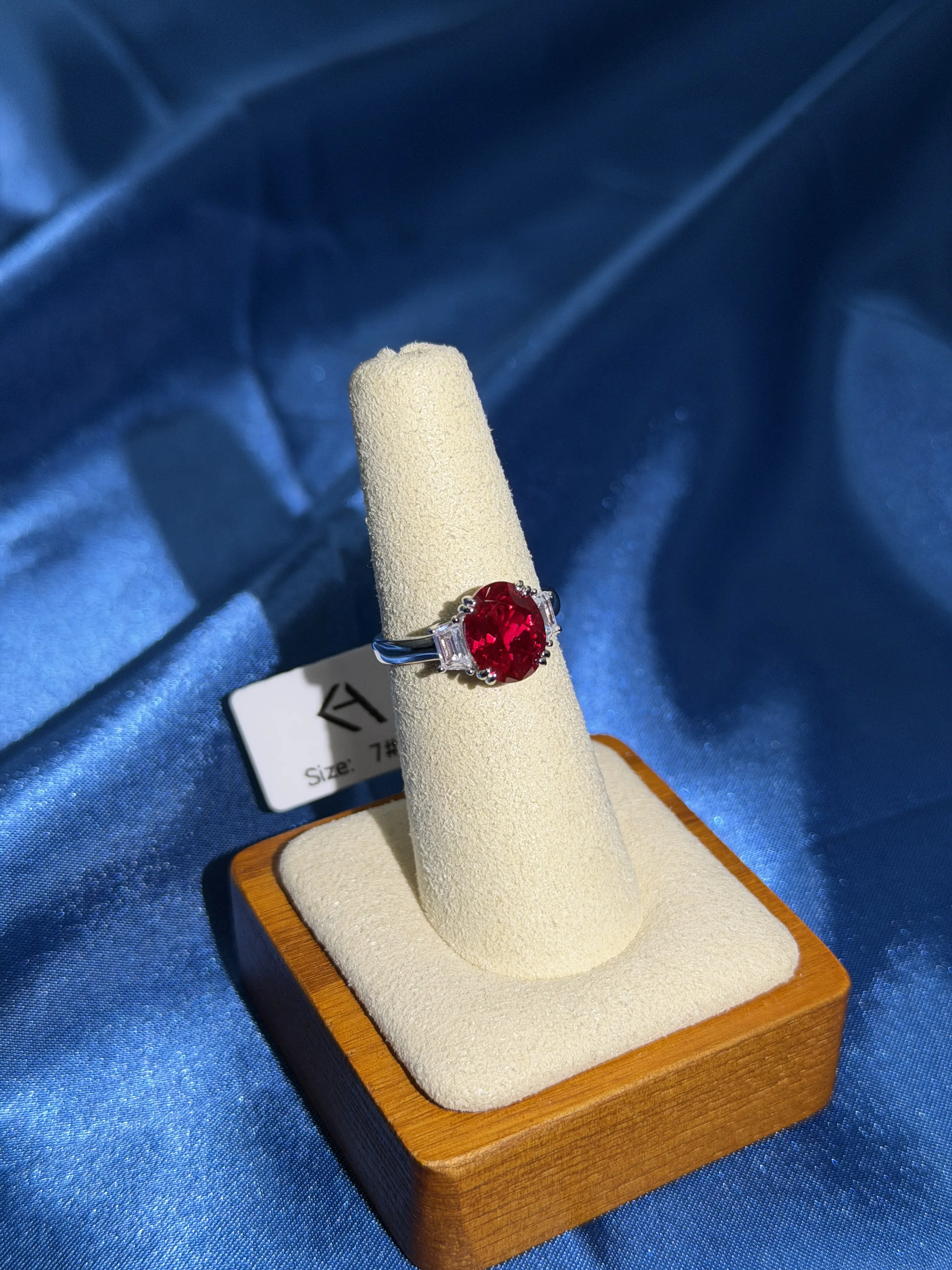 Certified Ruby Oval Baguette Three-Stone Trilogy Ring, Lab Grown, Sterling Silver, GW 3.407g, Size 7