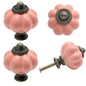 4 Pack Pink Pumpkin Ceramic Cabinet Knobs – Vintage Metal Base Drawer Pulls with Mounting Screws, Retro Floral Knobs for Kitchen Cabinets, Bathroom Vanities, Dressers and Home Improvement