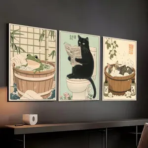 Anime Bathroom Cats Print, Funny Cats Poster, Bathroom Wall Art Decor, Cute Toilet Print, Gift Set of 3