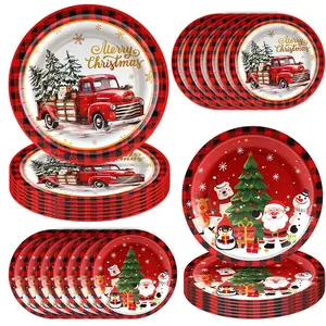 Christmas Party Supplies Set, 40-Piece Disposable Plates Napkins Cups Tablecloth, Holiday Dinnerware for Christmas Events & Celebrations