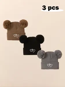 3pcs Baby Girl Newborn Toddler Pom-Pom Heart Beanie Hat, Cozy Knit Winter Warm Heart Cute Hat, Outdoor Baby Accessories Bonnet Beanies, Knitting Beanie