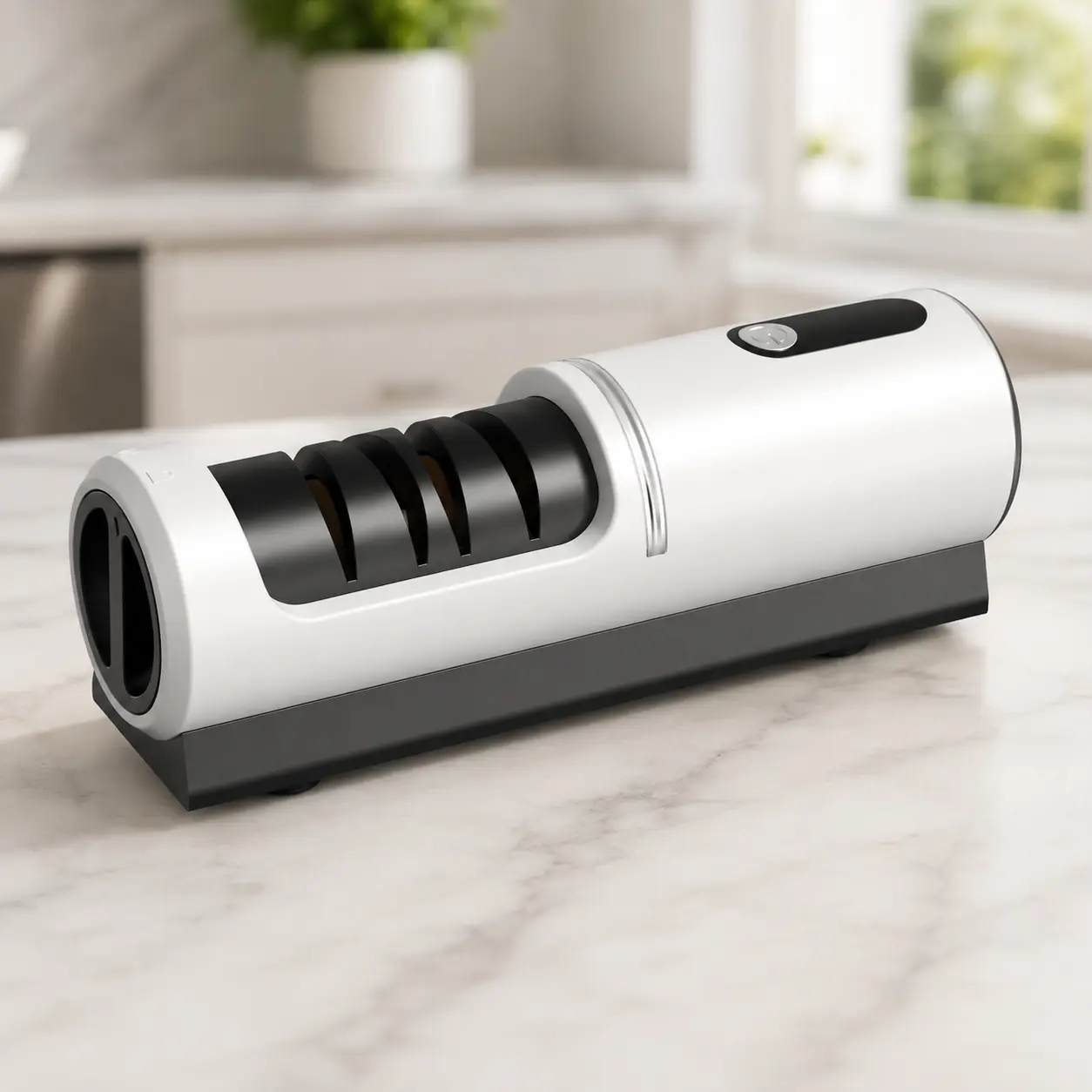 Rechargeable electric knife sharpener, a three-stage professional kitchen knife sharpening system, featuring a powerful suction cup base and one-touch operation; suitable for chef’s knives, paring knives, peeling knives and scissors