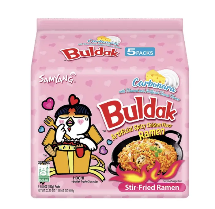 [5 Packs] Buldak Carbonara Noodles, Spicy Carbonara Noodles Samyang Korean Spicy chicken noodle challenge, 5 pack- 4.58oz