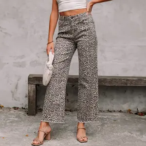 Leopard Frayed Edge Wide Leg High Waist Jeans