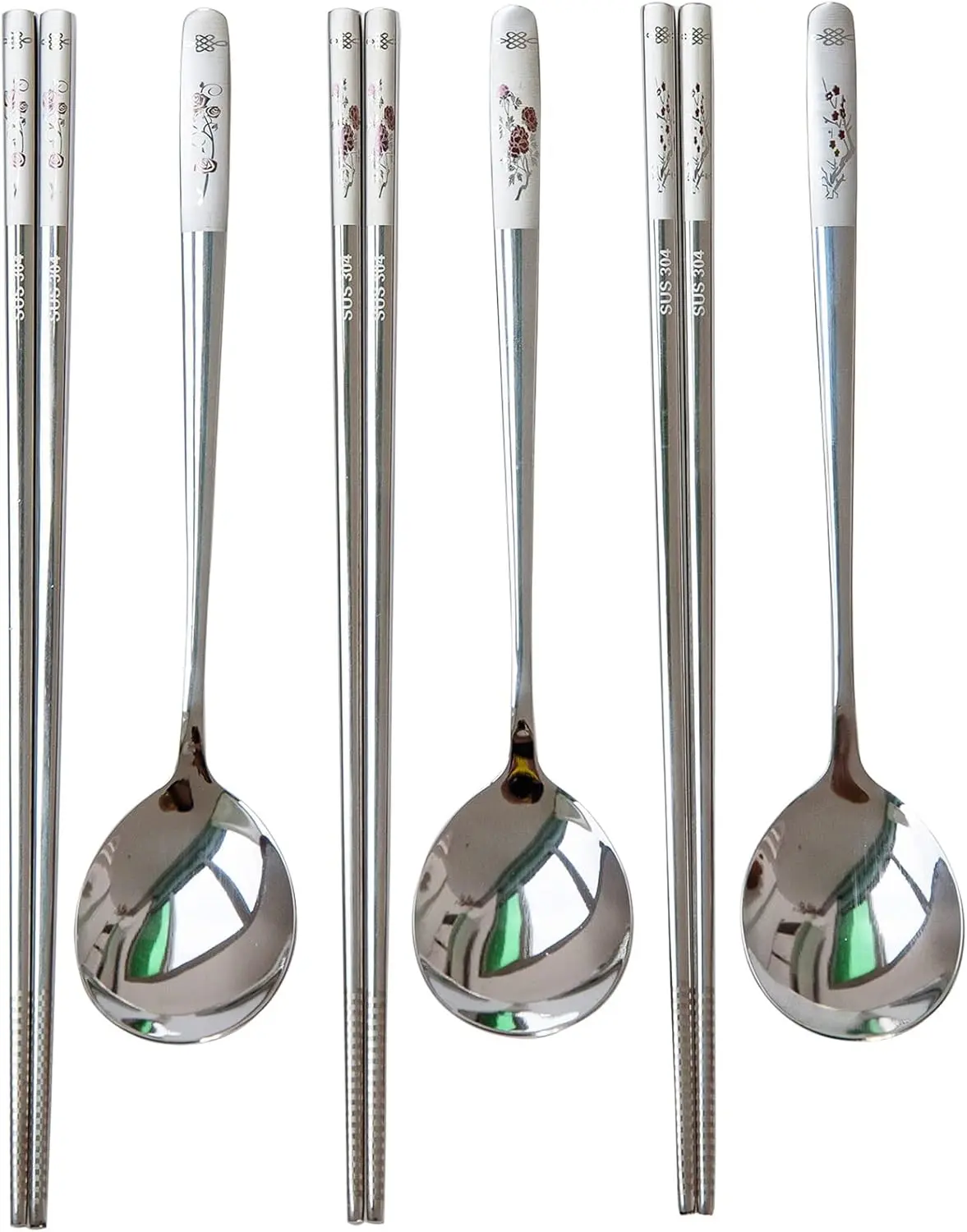 Chopstick and Spoon Set, Korean Long Handle Stainless Steel Spoon and Chopsticks Set, Dishwasher Safe Metal Chop sticks, Set of 3. (Multi-patterned)
