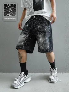 Rhinestone Embellished Slim-Fit Jeans Men's fashionable decorative rhinestone denim shorts, summer fashion street style, dazzling summer street shorts, refreshing casual vacation style