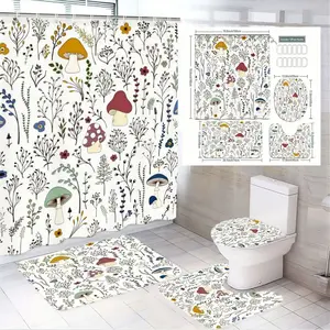 1/4pcs Mushroom Floral Bathroom Curtain Set, Shower Curtain Sets - White Shower Curtain with Colorful Spotted Mushrooms, Blue/Yellow Flowers, Matching Rectangular Bath Mats, Toilet Seat Cover - Nature-Inspired Decor for Spring Easter, Home & Ga