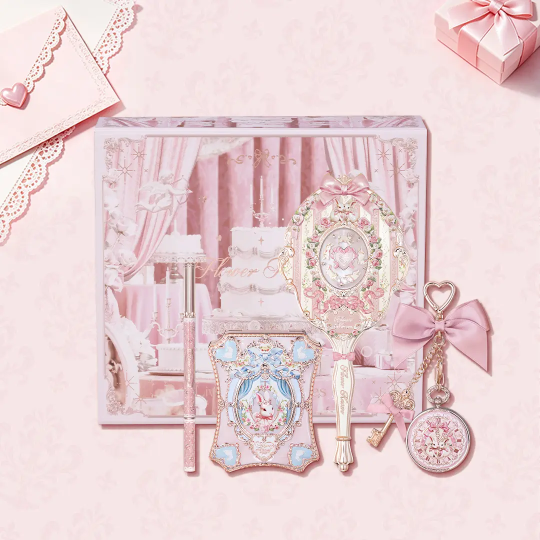 Flower Knows Blossom Meadow Set, bunny garden 5-piece gift set with eyeshadow palette, lip balm, eyeliner, mirror, wrapping box, all-in-one gift bundle for holiday, Lip Care Dewy, Nourishing, Lip Care, Ideal for Christmas gift, Black Friday