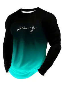 Men's casual long sleeved T-shirt - gradient color, polyester material, machine washable, round neck, letter print design