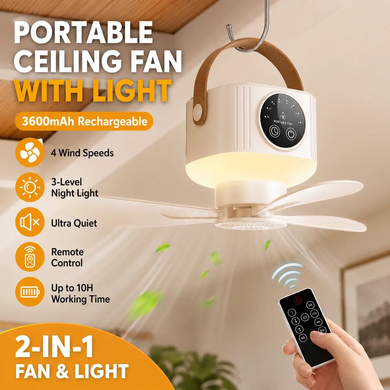 Rechargeable Portable Ceiling Fan, USB Hanging Fan with Remote Control, 4-Speed Battery Powered Fan for Dorm Bed, Tent, Camping, Outdoor, Home and Travel