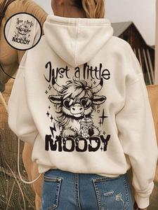 women's cartoon highland cow print hoodie, casual thermal lined long sleeve hooded sweatshirt for fall & winter, women's clothes for daily wear