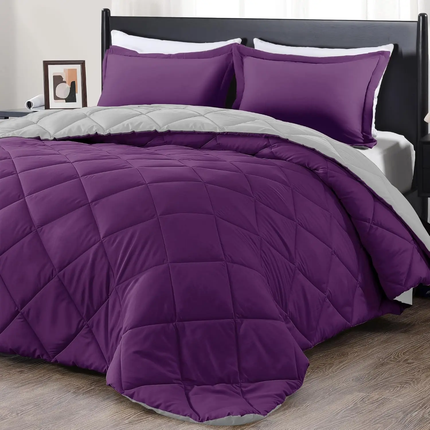 California King Comforter - Purple and Grey Cal King Comforter, Sets for Seasons - 3 - 1 Comforter (104"x96") and 2 Pillow Shams(20"x36")