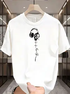 Men's Music-Themed T-Shirt with Soundwave & Headphone Drip Paint Graphic - Lightweight Breathable Moisture-Wicking Tee Suitable for Gym,, Casual Wear - - Round Neck Short Sleeve Shirt for & Adults (Machine Washable)