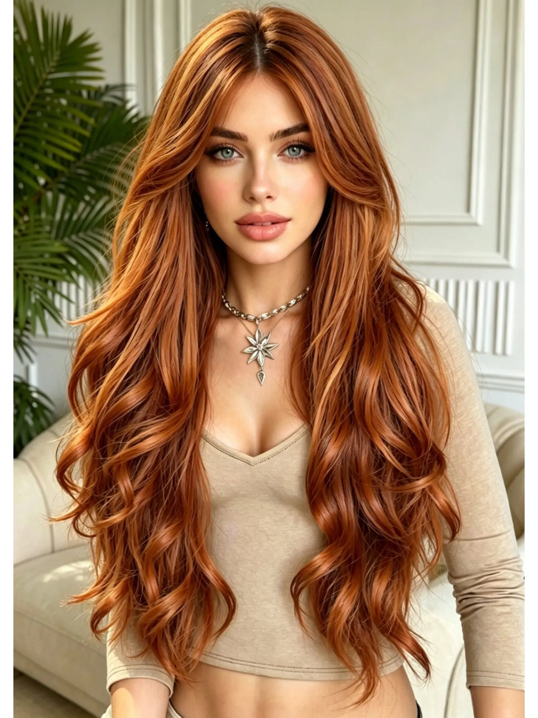 Copper Long Wavy Wig for Women, Natural Looking Ginger Synthetic Hair Wig with Bangs, 32 Inch Loose Wave Wigs Auburn Wig, Heat Resistant Glueless Wig for Daily/Party/Cosplay, Synthetic Fiber Wigs, Synthetic Material Wigs, Realistic Glueless Wear