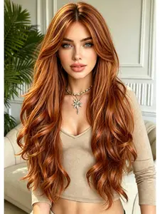 Copper Long Wavy Wig for Women, Natural Looking Ginger Synthetic Hair Wig with Bangs, 32 Inch Loose Wave Wigs Auburn Wig, Heat Resistant Glueless Wig for Daily/Party/Cosplay