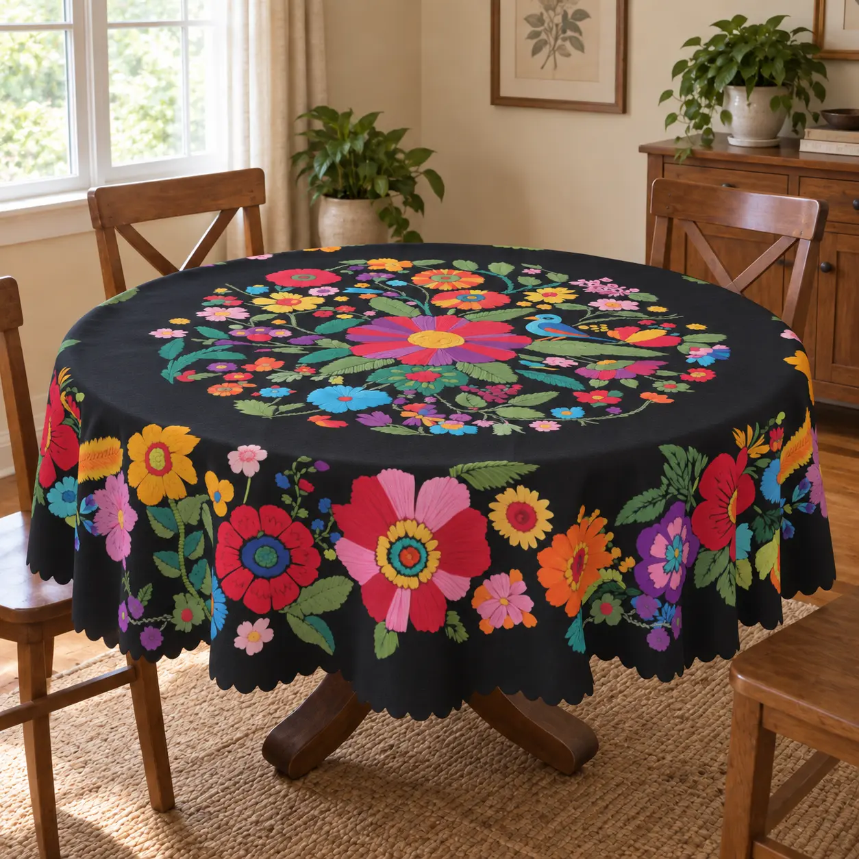 BLIOWL Mexican Theme Round/Rectangular Polyester Tablecloth, Colorful Floral Bird Print, Black Scalloped Edges, Waterproof Boho Home Decor for Meals, Parties