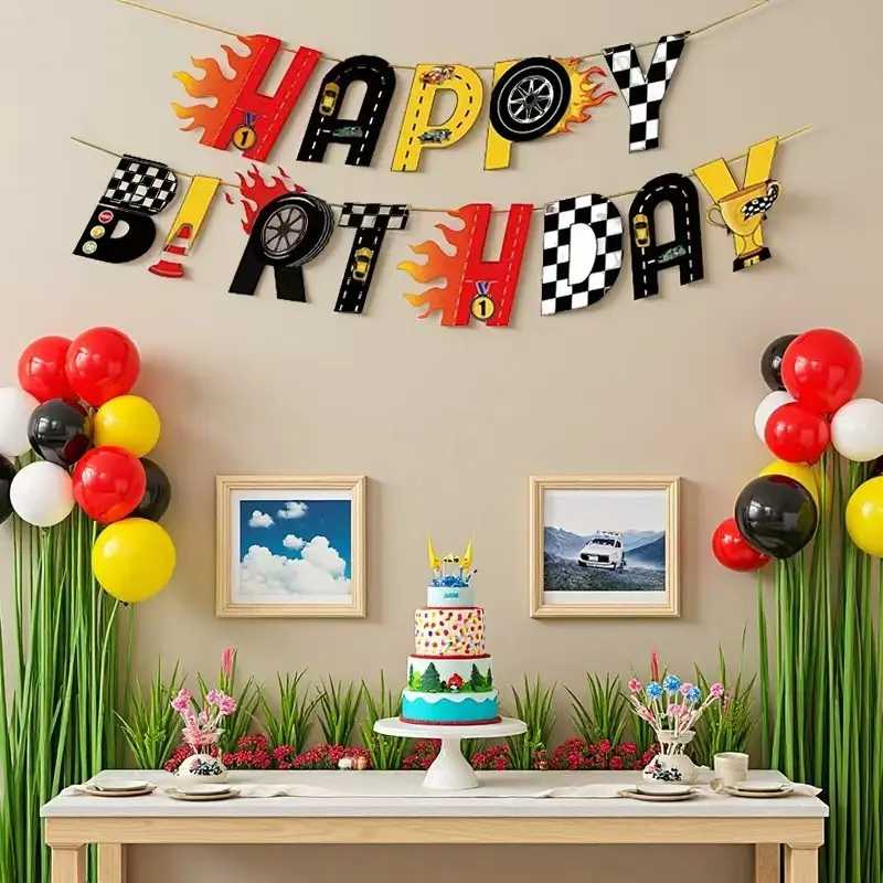 13pcs Champion Race Car Birthday Party Celebration Decoration Set, Windmill Pull Flag Kit, Event Scene Setup Supplies, Fun Gathering Accessories