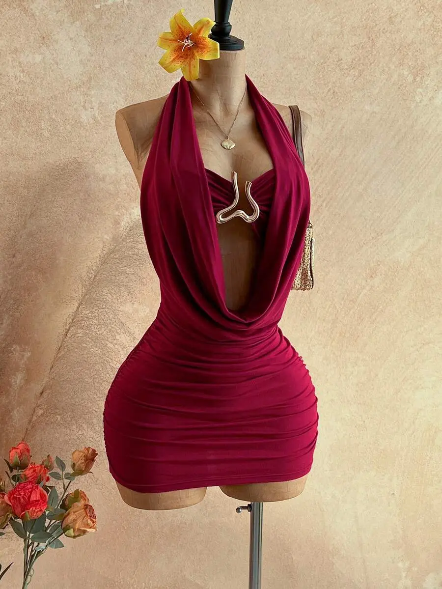 Women's Plunging Neck Bodycon Mini Dress | Sleeveless Backless Ruched Party Dress | Sexy Club Night Outfit